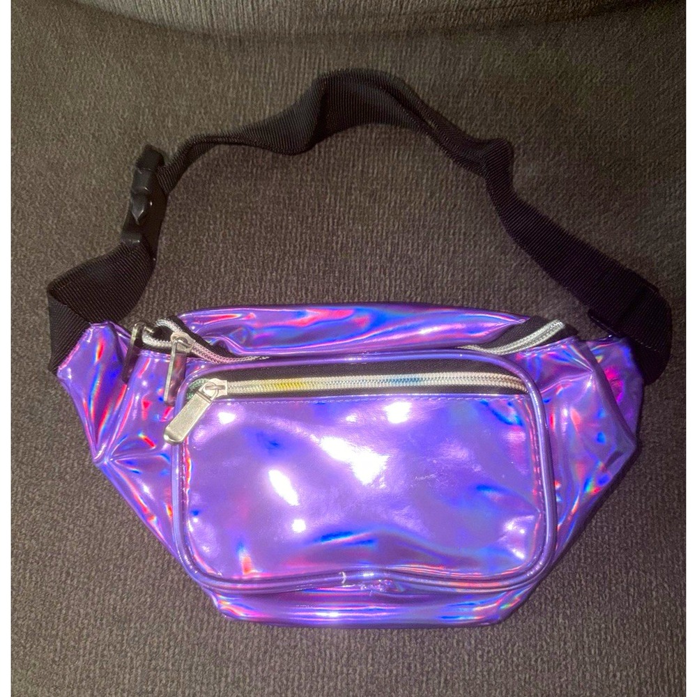 Purple Holographic Belt Bag Fanny Pack Zip, Adjustable Crossbody Strap